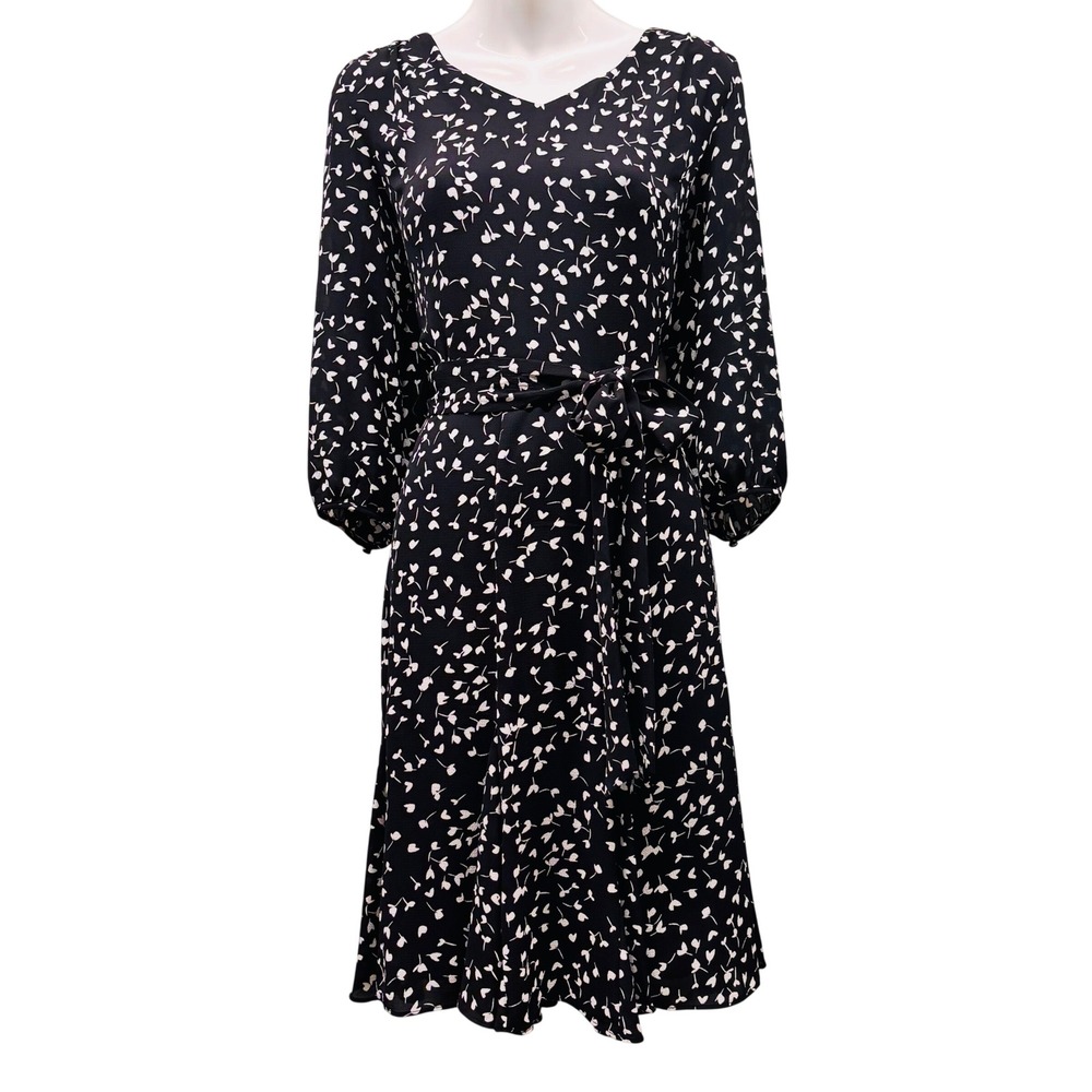 Talbots Petite Black White Floral Fit Flare Dress 6P Belted 3/4 Sleeve V-Neck
